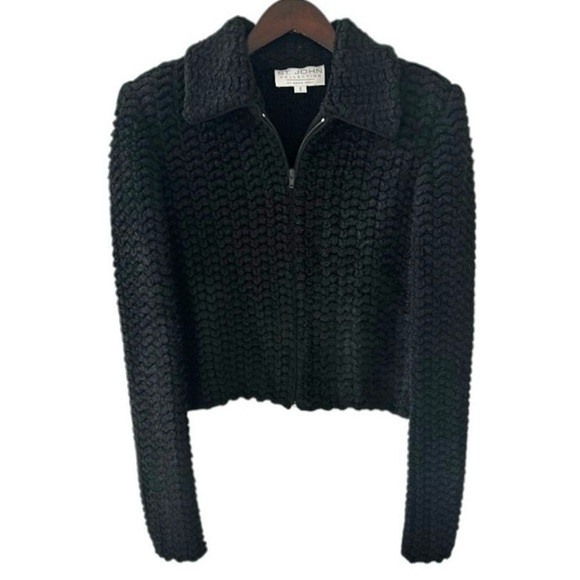 St John Black Front Zip Long Sleeve Boucle Knit Jacket Size Small - Picture 2 of 11